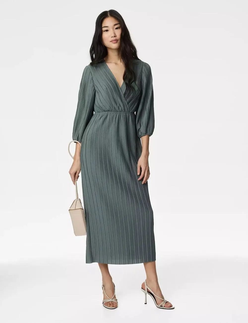 Pleated V-Neck Midaxi Wrap Dress
