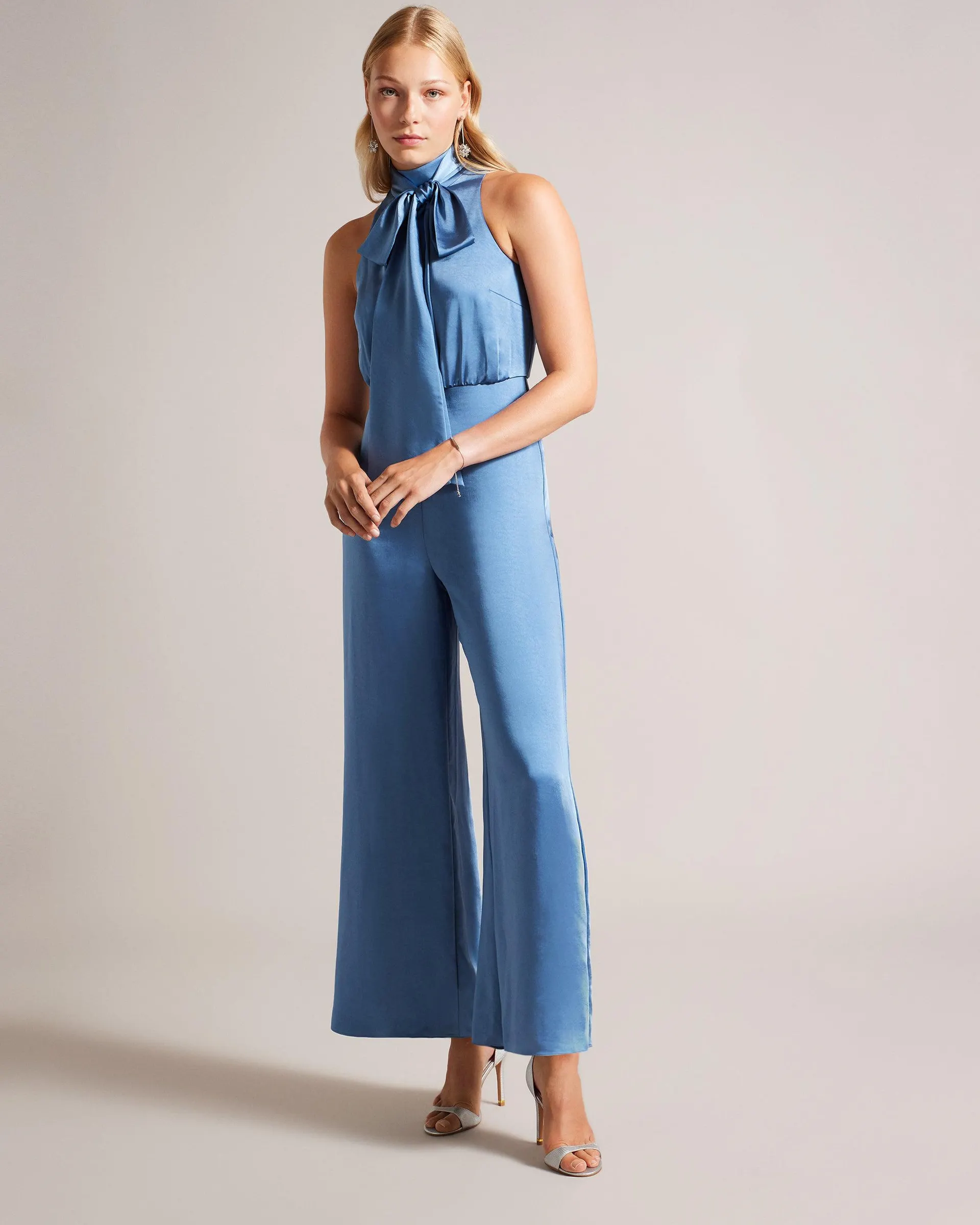 Ambriaa Satin Pussybow Jumpsuit Blue