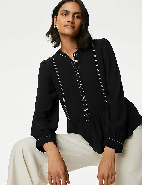 Crew Neck Button Detail Peplum Blouse