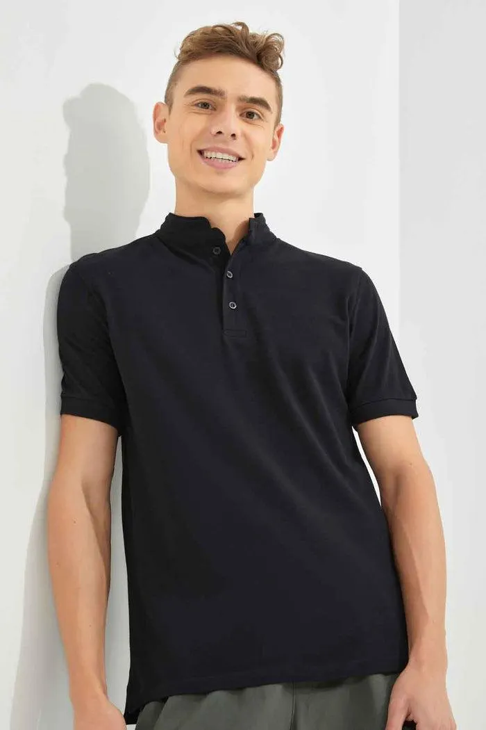 Men Black Standup Collar Polo Shirt