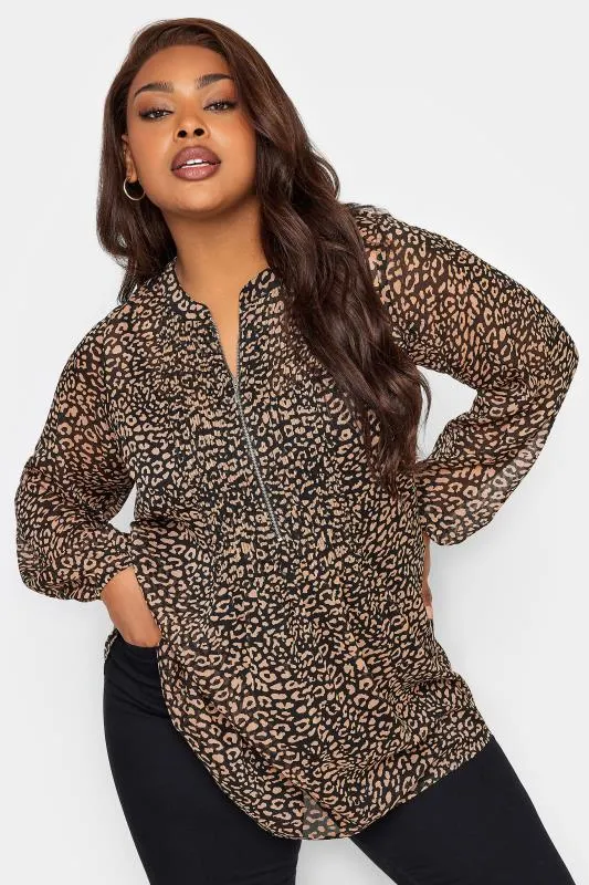 YOURS LONDON Curve Brown Leopard Print Zip Front Top