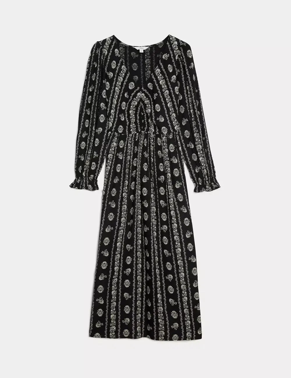 Printed V-Neck Midi Shirred Dress