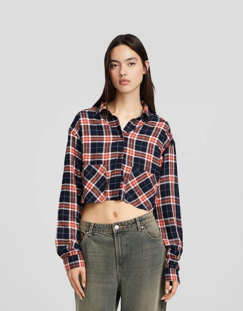 Cropped long sleeve check shirt