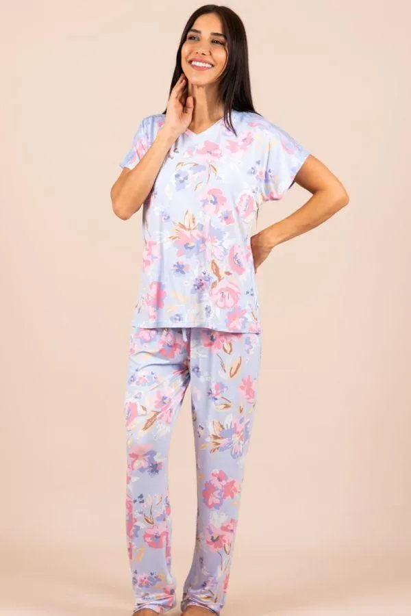 Ladies Blue Pink Floral Lace Shoulder PJ