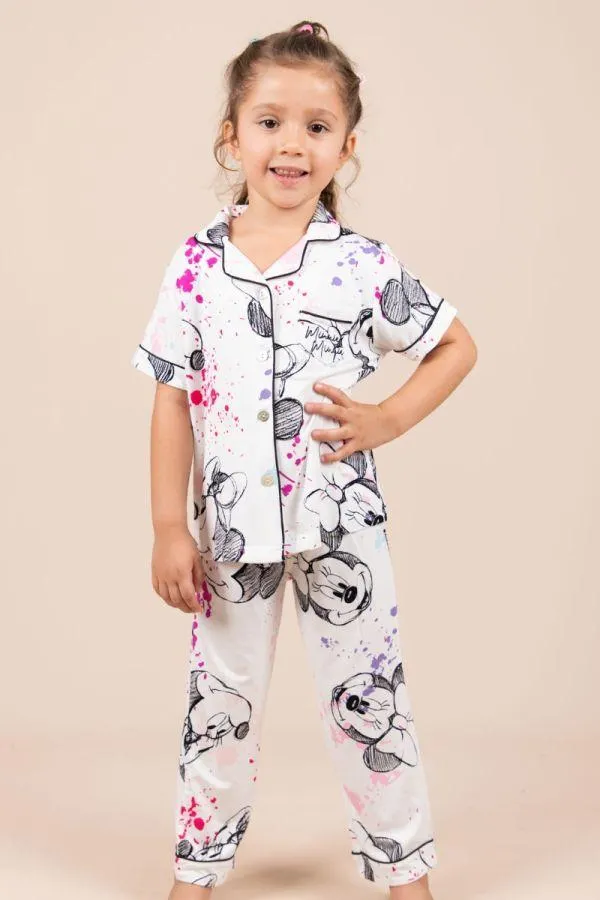 Girls White Paint Splash Minnie Button Through PJ
