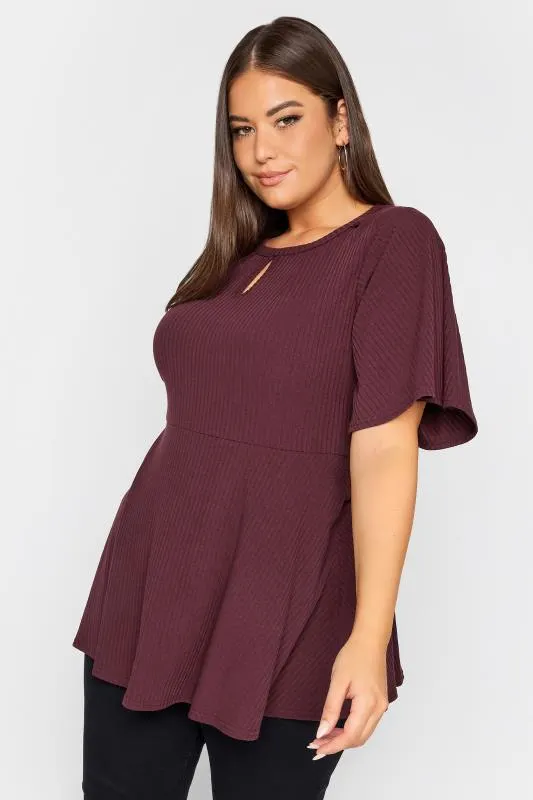 YOURS Curve Burgundy Red Keyhole Peplum Top