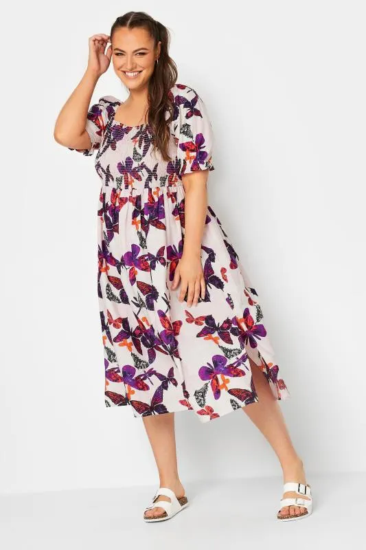 YOURS Curve White Butterfly Print Shirred Midaxi Dress