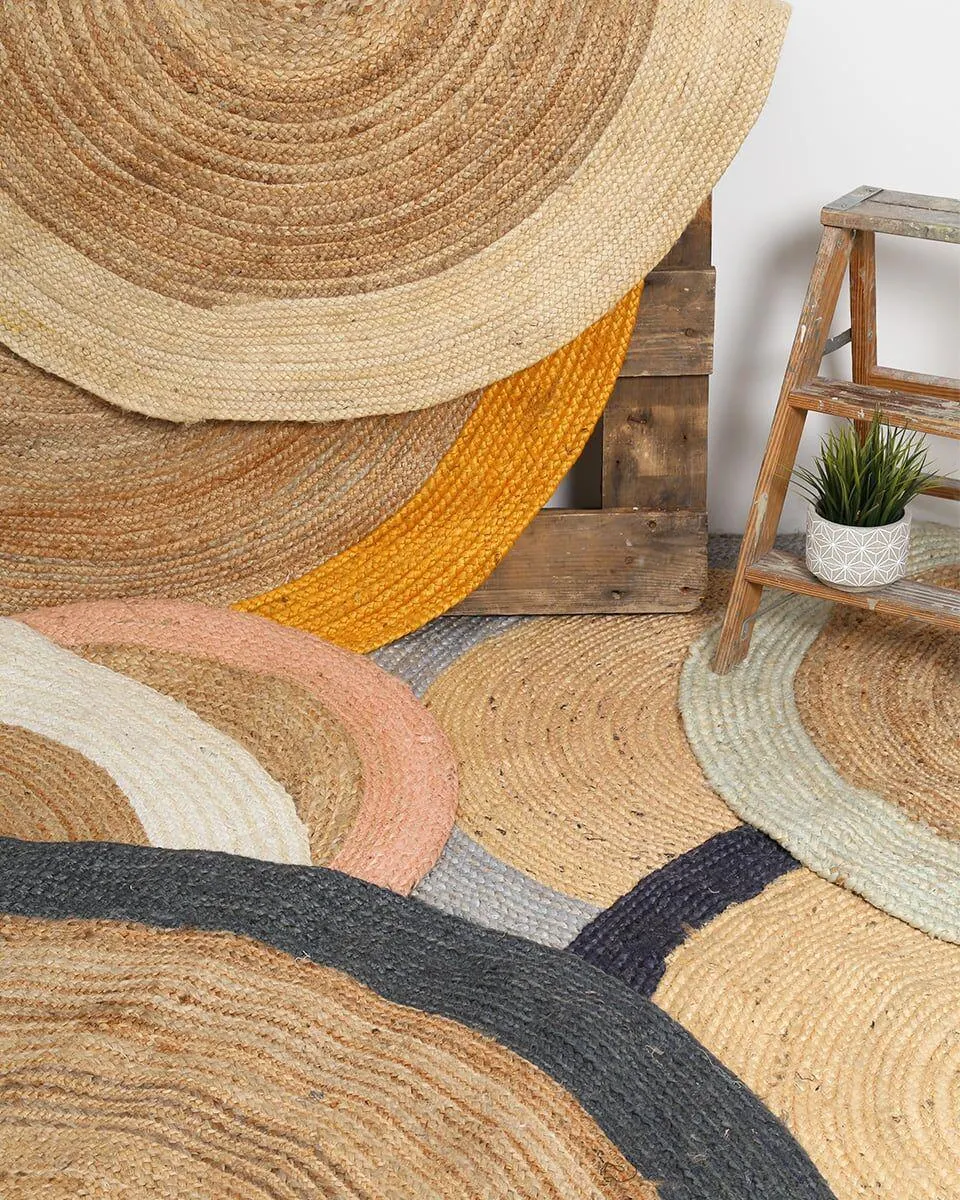 Ψαθα Πλεκτο Στρογγυλο Χαλι Γιουτας με Φασα Norah