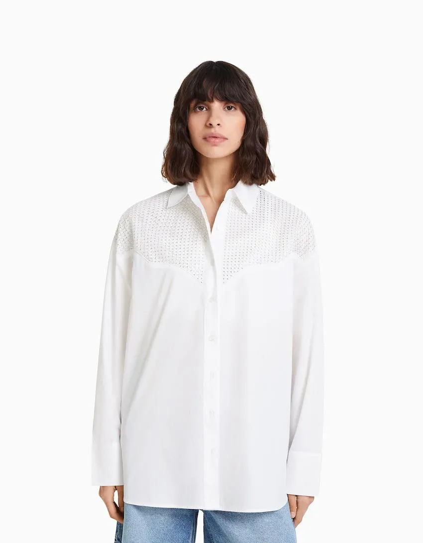 Long sleeve poplin shirt with rhinestone mesh yoke