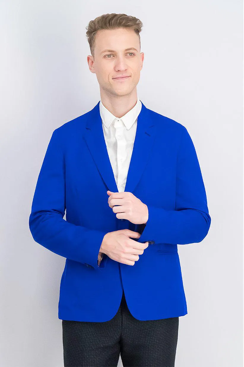 Men Tailored Fit Plain Long Sleeve 2 Button Jacket, Royal Blue