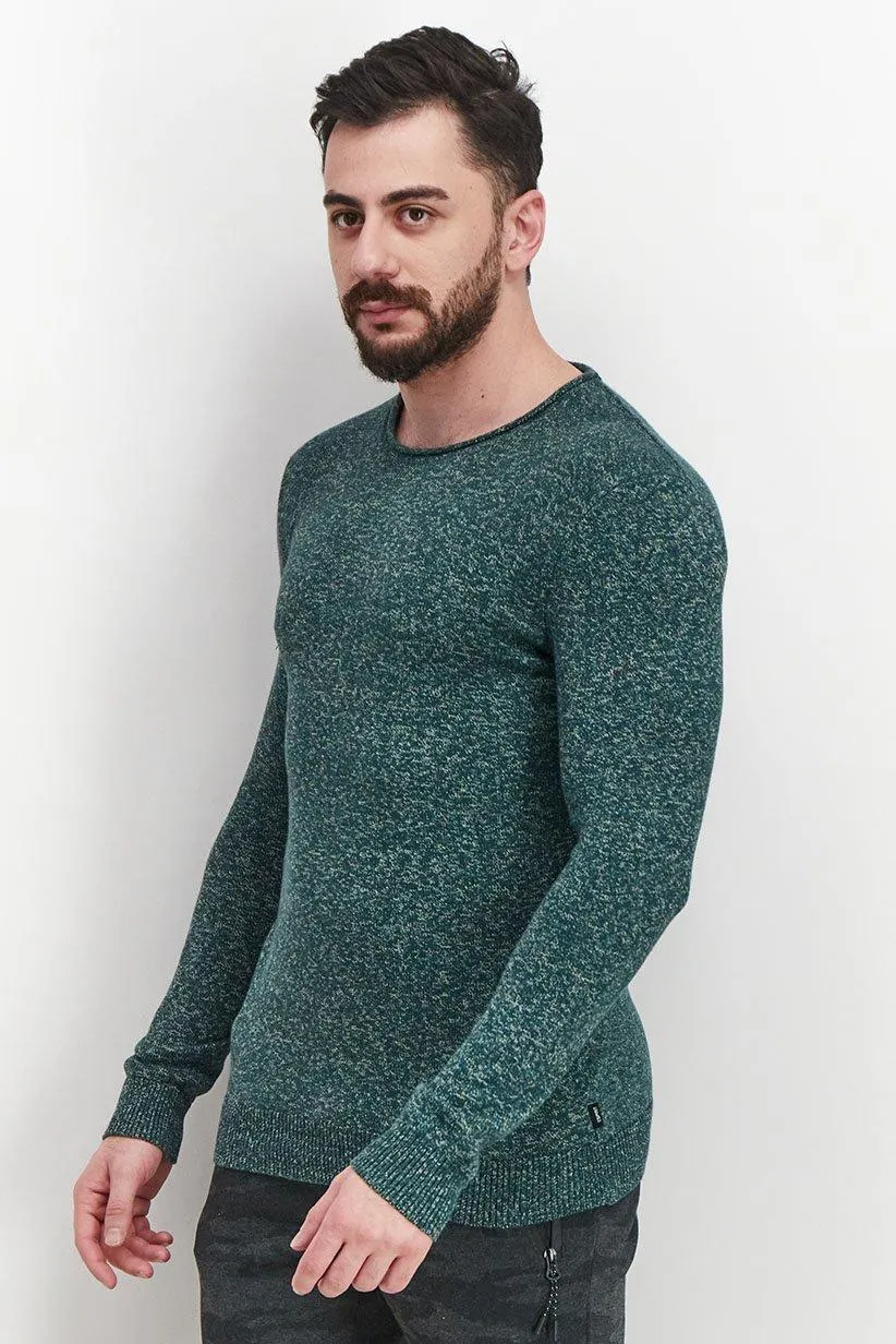 Men Crew Neck Long Sleeves Knit Heather Sweater, Dark Green