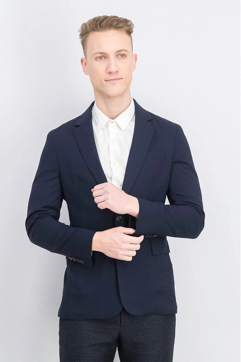 Men Regular Fit Solid Blazer Jacket, Navy Blue