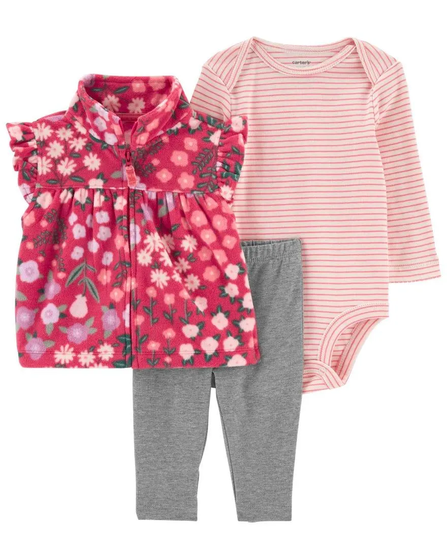3-Piece Floral Fleece Vest Set