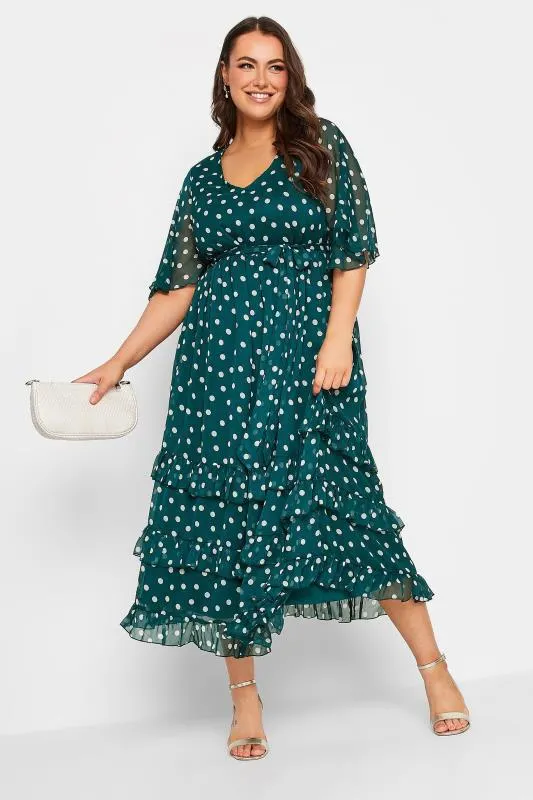 YOURS LONDON Curve Green Polka Dot Ruffle Maxi Dress