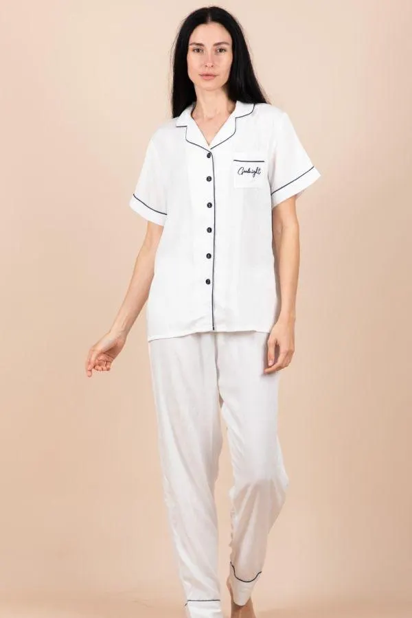 Ladies White Floral Jacquard Button Through PJ