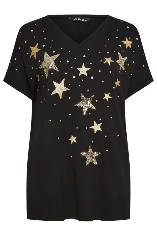 YOURS Curve Black Star Print T-Shirt