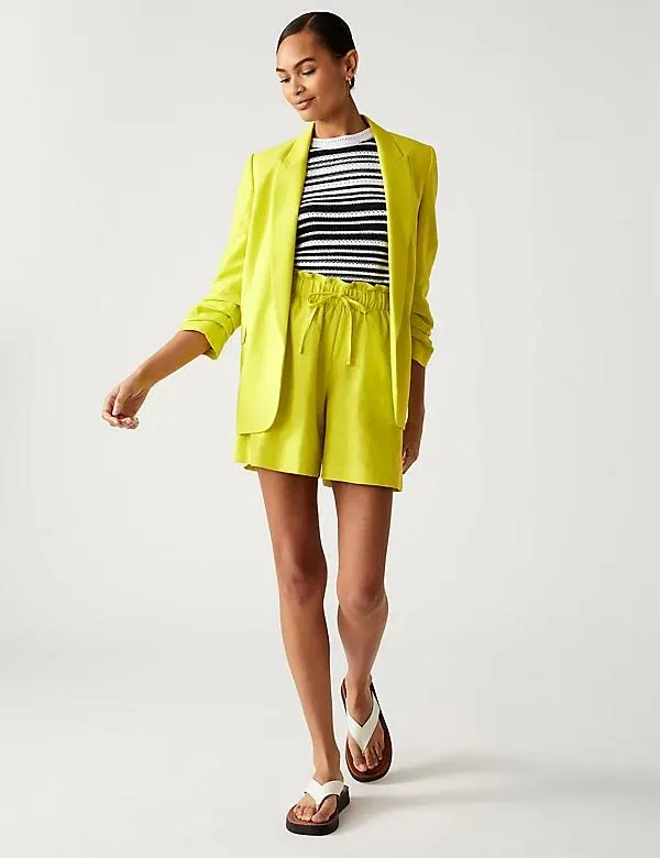 Linen Blend Ruched Sleeve Blazer