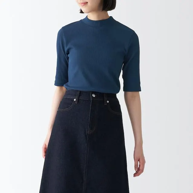 Stretch Ribbed High Neck 1/2 Sleeve T-Shirt