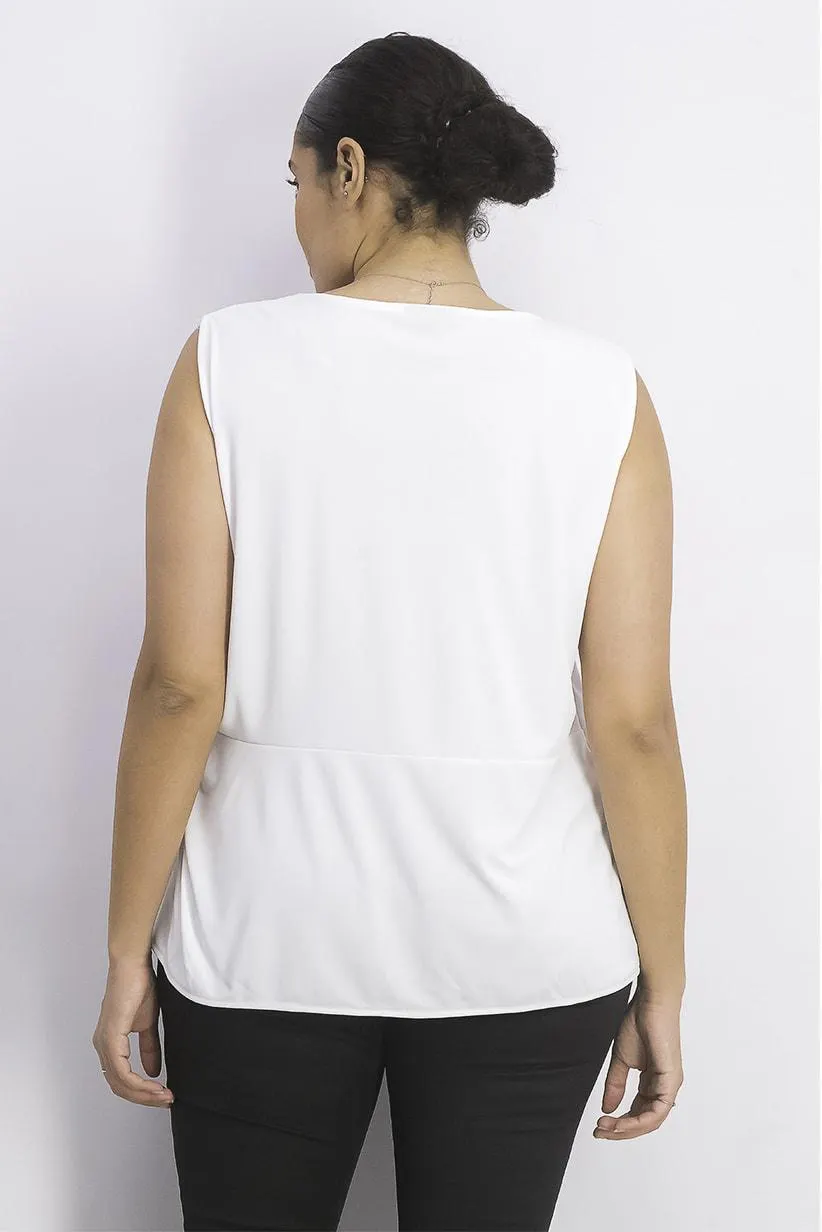 Women Round Neck Sleeveless Plain Top, White