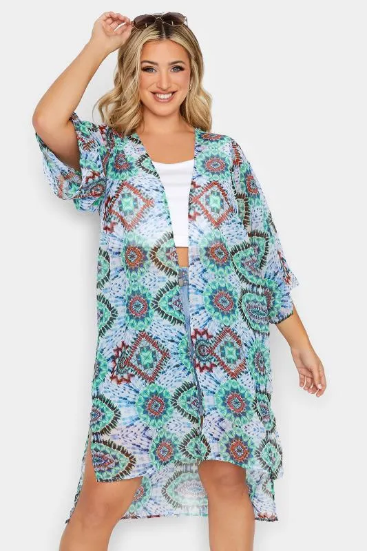 YOURS Curve Blue Tie Dye Aztec Print Kimono