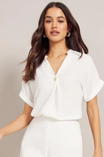 Friends Like These Notch Neck Roll Sleeve Button Blouse