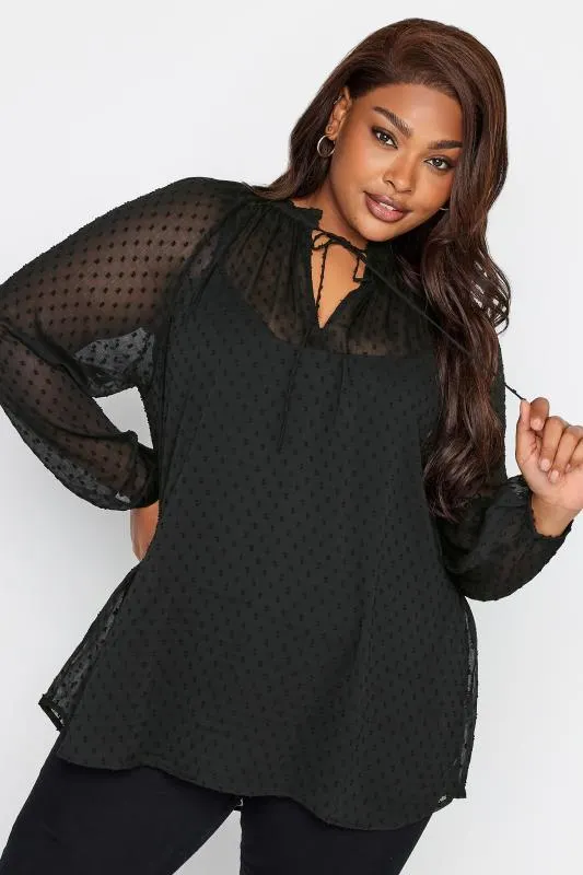 YOURS Curve Black Tie Neck Dobby Blouse