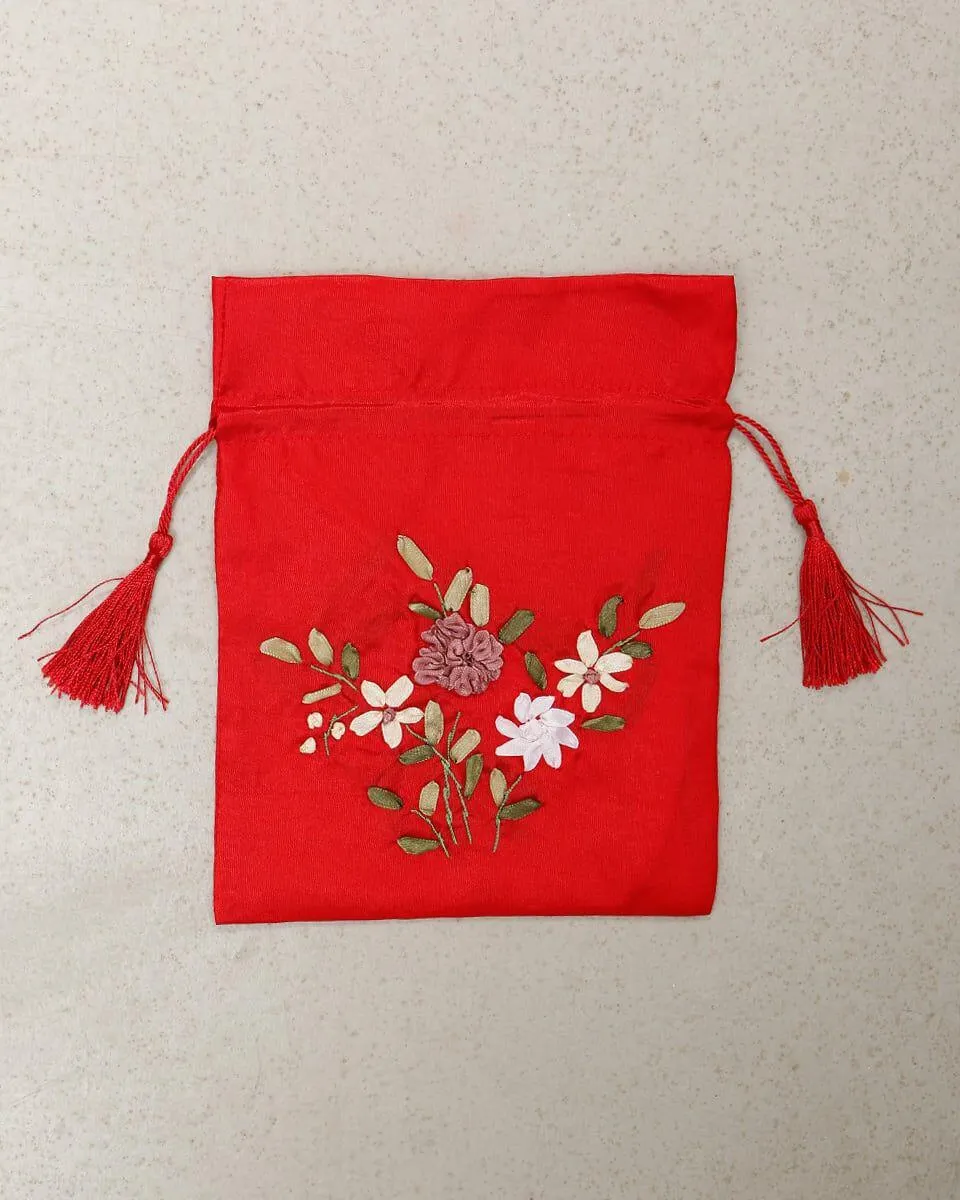 Πουγκι απο Ταφτα με Λουλουδατο Κεντημα για Μπομπονιερα Lux 18x23cm