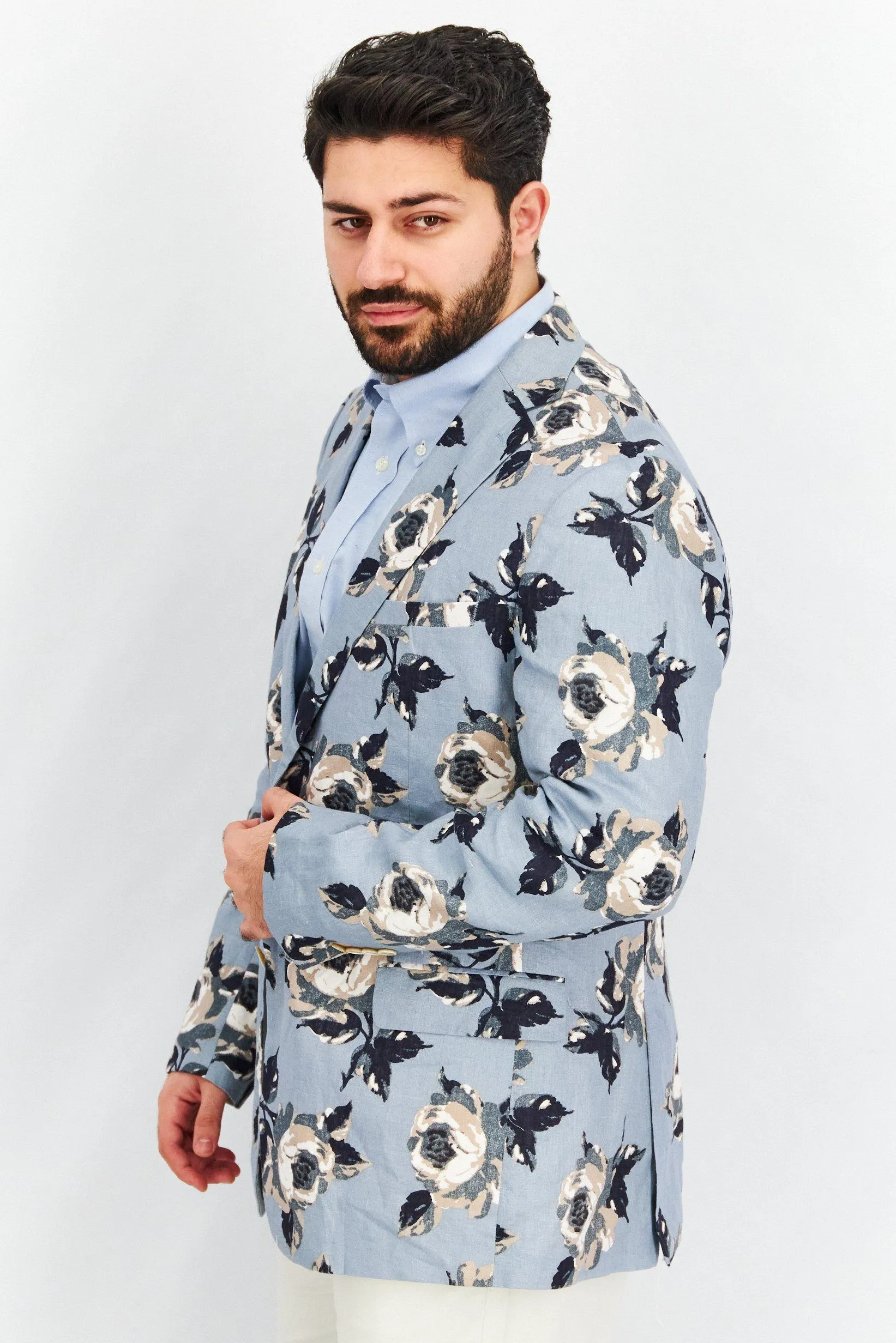 Men Slim Fit Floral Blazer, Blue/Navy