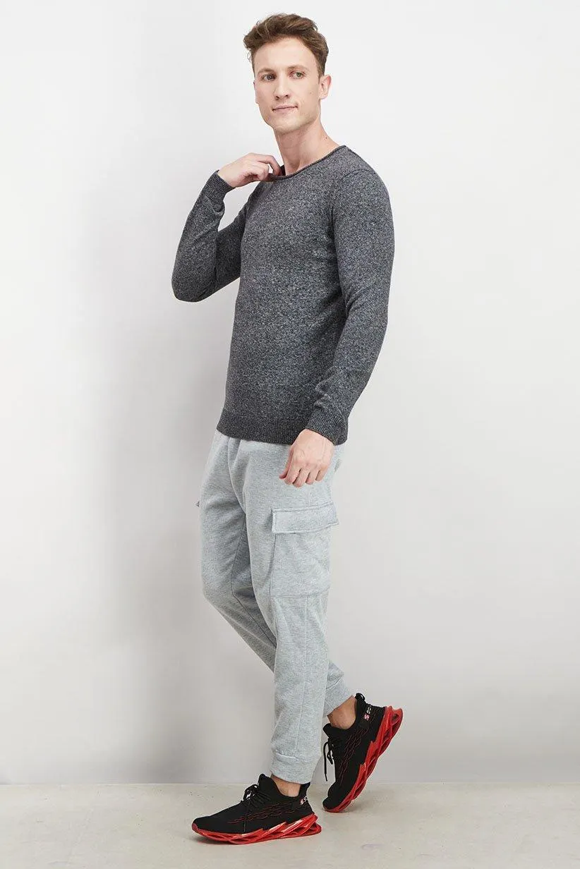 Men Crew Neck Long Sleeve Textured Sweater, Black