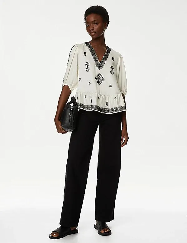 Embroidered V-Neck Blouse