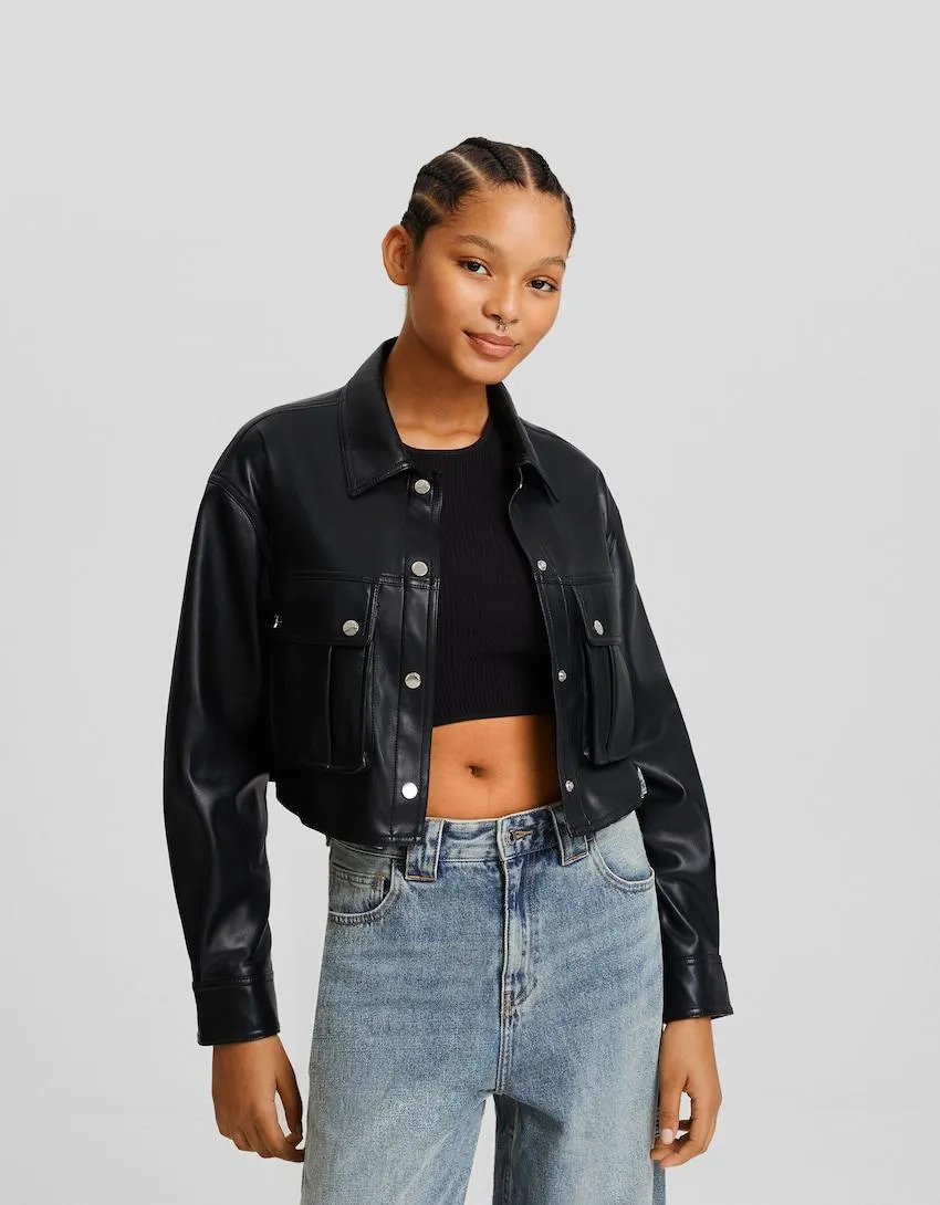 Cropped faux leather overshirt