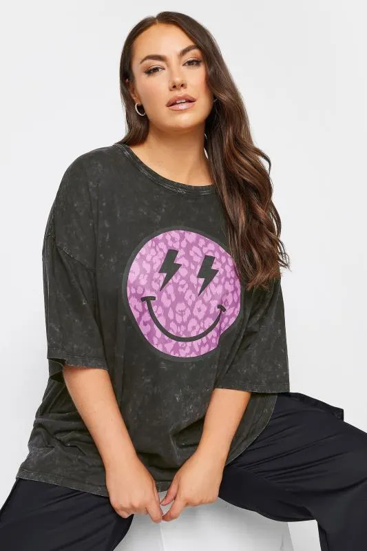 YOURS Curve Charcoal Grey & Purple Leopard Print Smiley Face T-Shirt