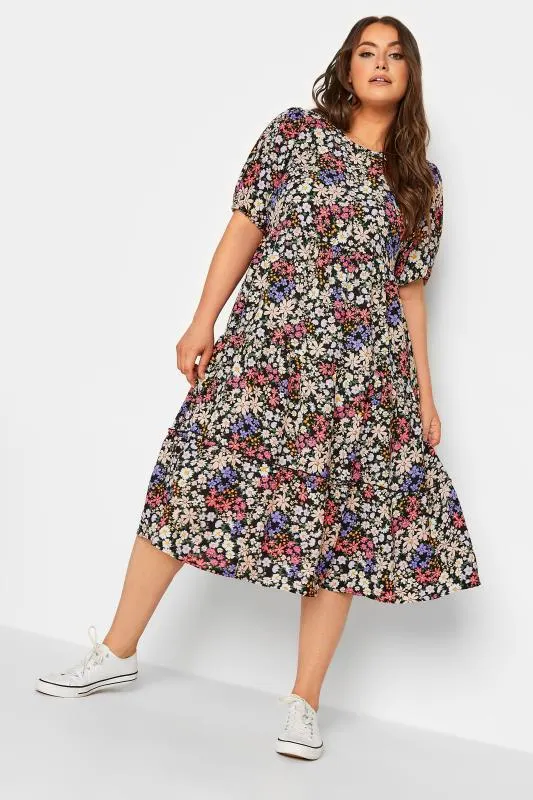 YOURS Curve Black Floral Short Sleeve Midi Dress