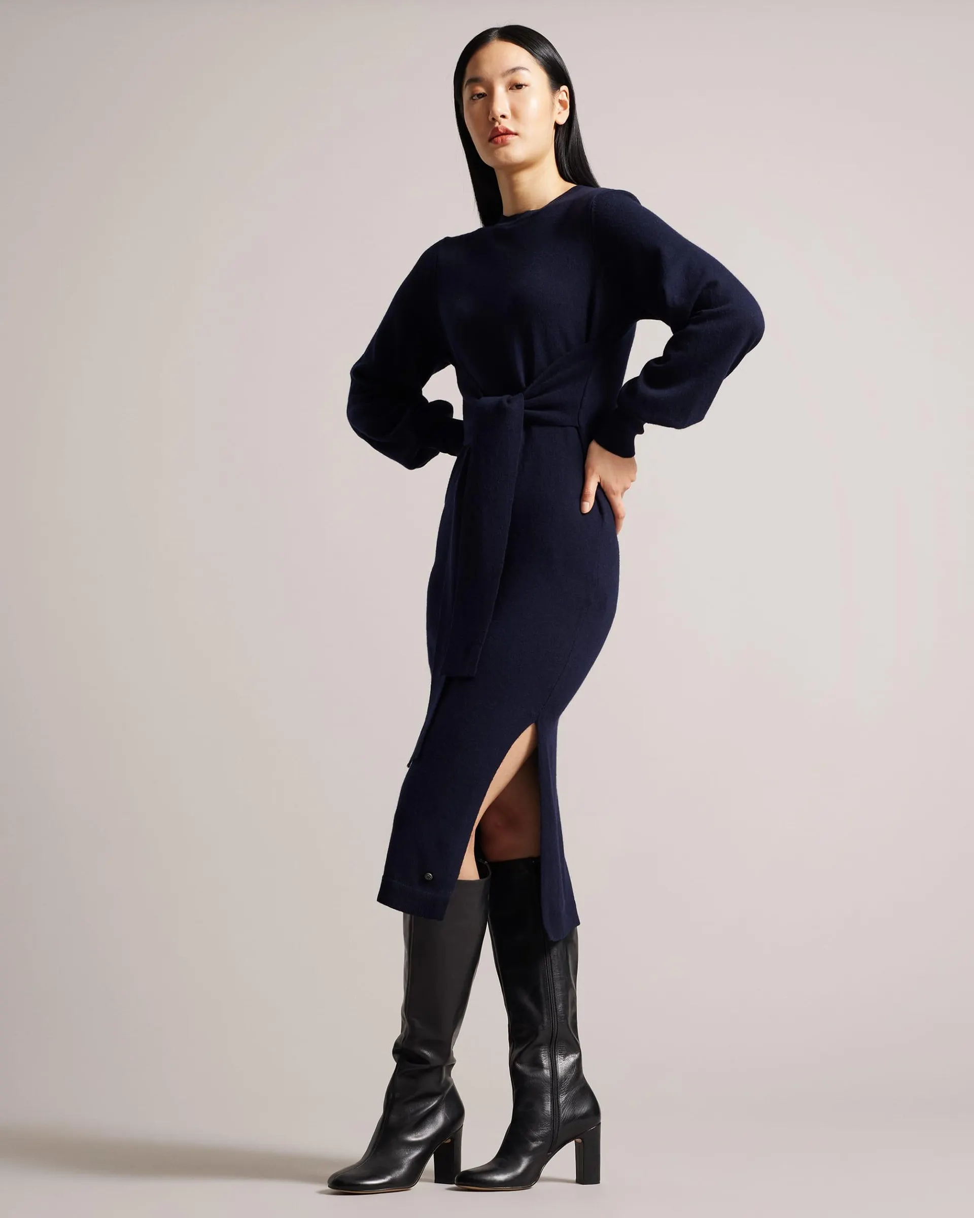 Essya Slouchy Tie Front Midi Knit Dress Dk-Blue