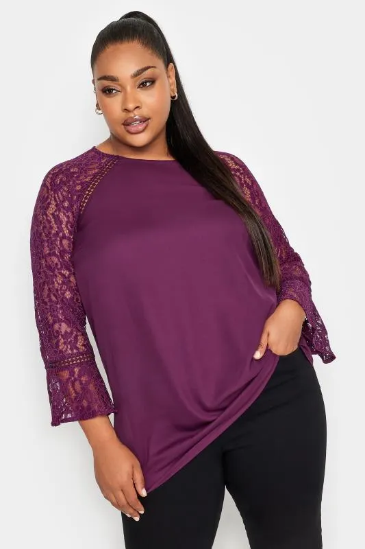 YOURS LONDON Curve Purple Lace Flute Sleeve Top