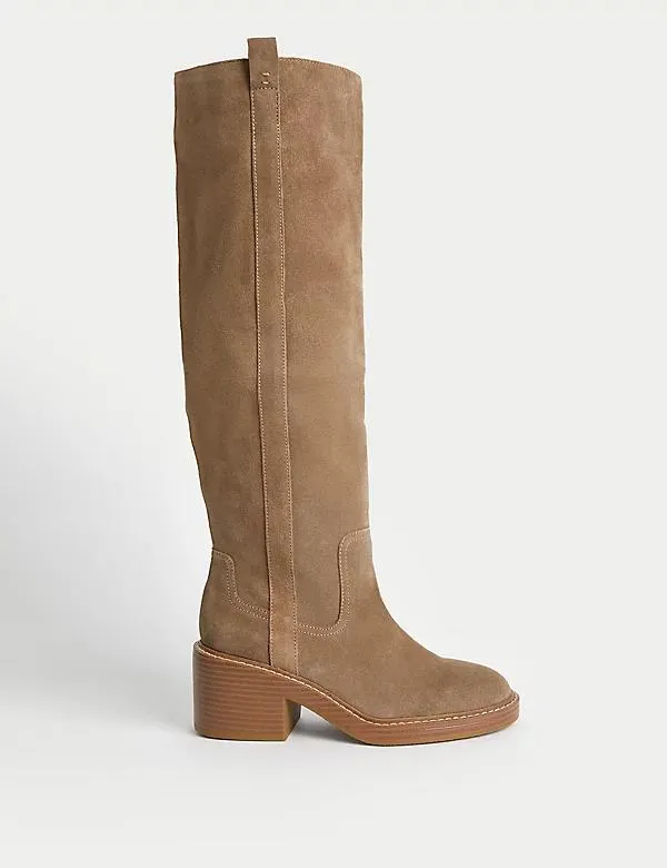 Suede Block Heel Knee High Boots