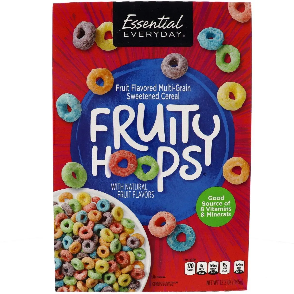Essential Everyday Fruity Hoops Fruit Flavored Multi Grain Sweetened Cereal 345 g