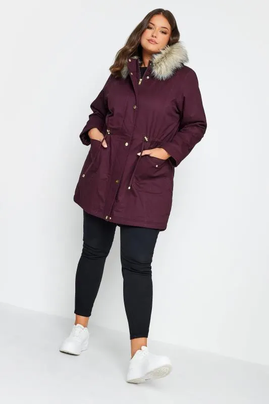 YOURS Curve Burgundy Red Faux Fur Parka Coat