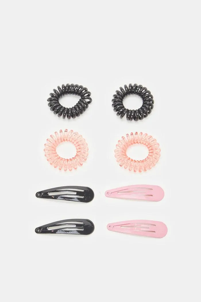 Women Assorted Hair Tie And Clip Set (Pack of 8)