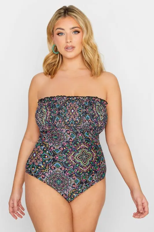 YOURS Curve Black Aztec Print Shirred Tummy Control Swimsuit