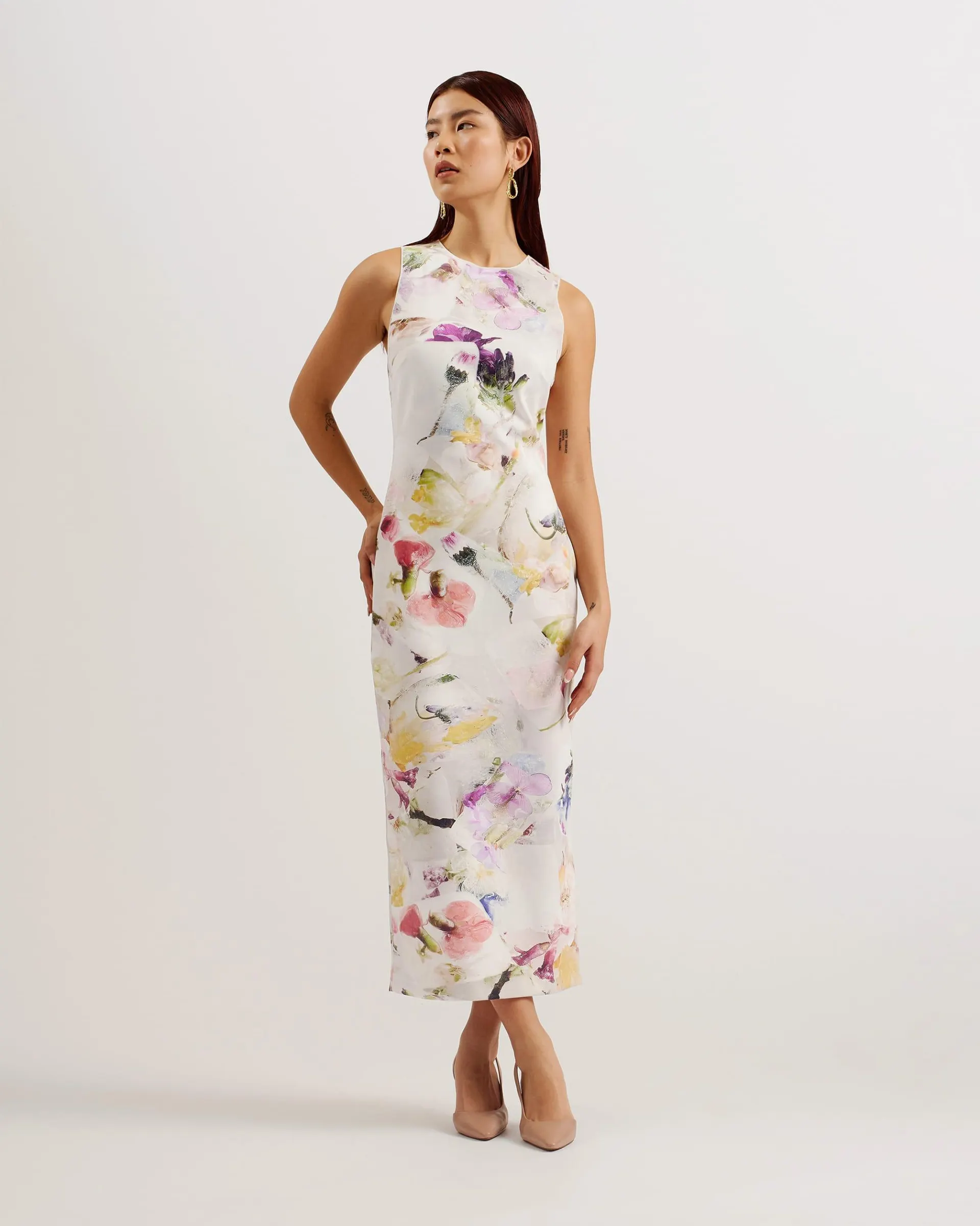 Lilyha Floral Scuba Bodycon Midi Dress White