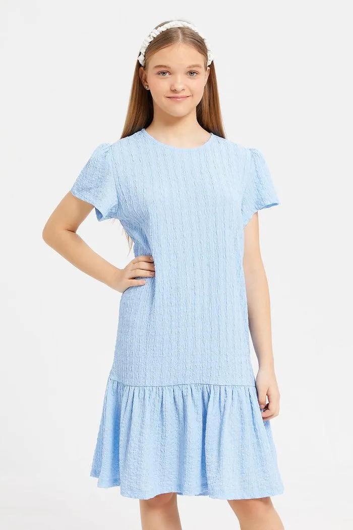 Senior Girls Blue Ruffled Sleeve Jacquard Dress