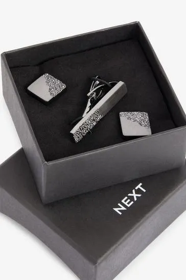 Gun Metal Textured Cufflink And Tie Clip Set