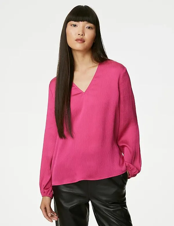 Satin V-Neck Blouson Sleeve Blouse