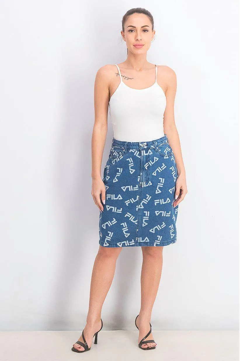 Women Brand Logo Print Denim Mini Skirt, Blue Wash