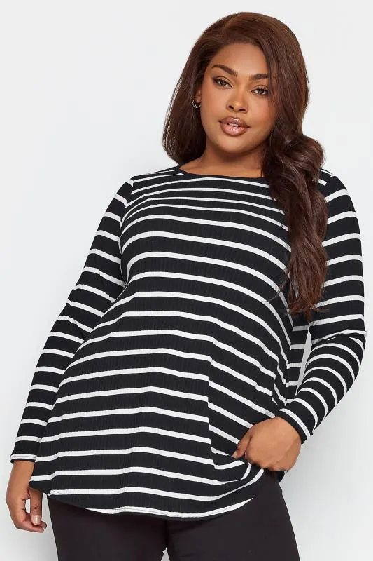 YOURS Curve Black Stripe Print Ribbed Swing Top