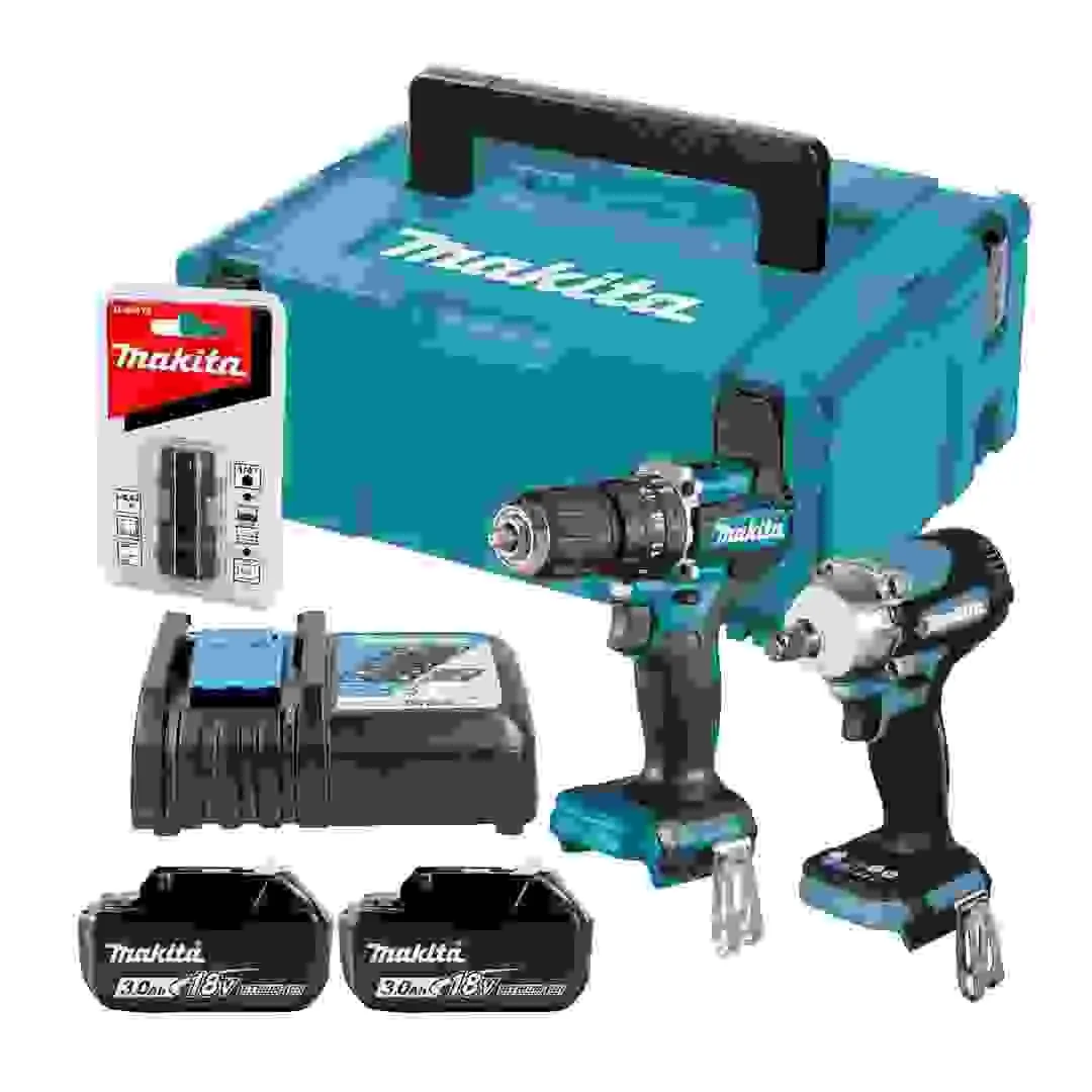 Makita Cordless Percussion Driver Drill, DHP487RFJ (18 V) + Cordless Impact Wrench, DTW300Z (18 V) + Batteries & Charger
