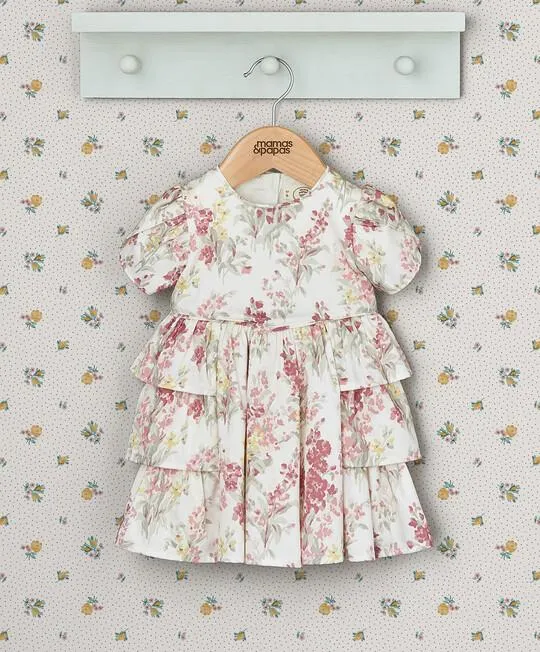 Floral Print Frill Dress - Pink & Yellow