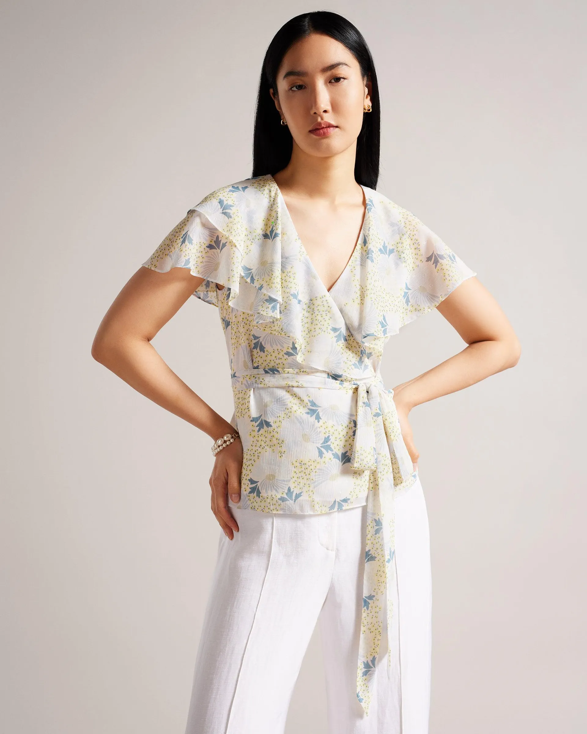 Gemmiaa Wrap Top With Ruffle Sleeves Sky-Blue