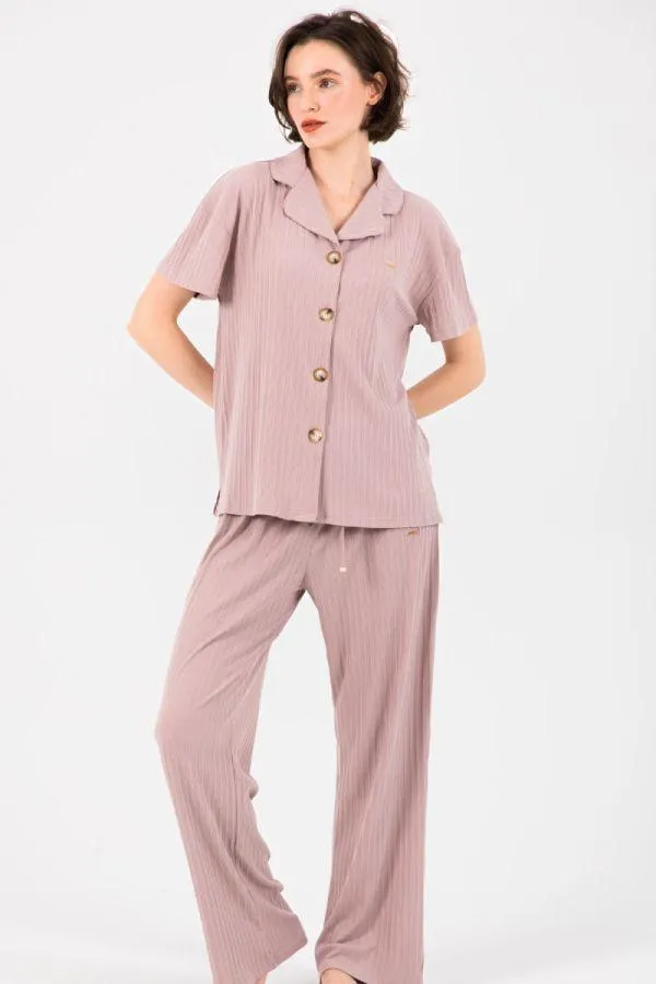 Ladies Dark Grey Varigated Rib Button Through PJ